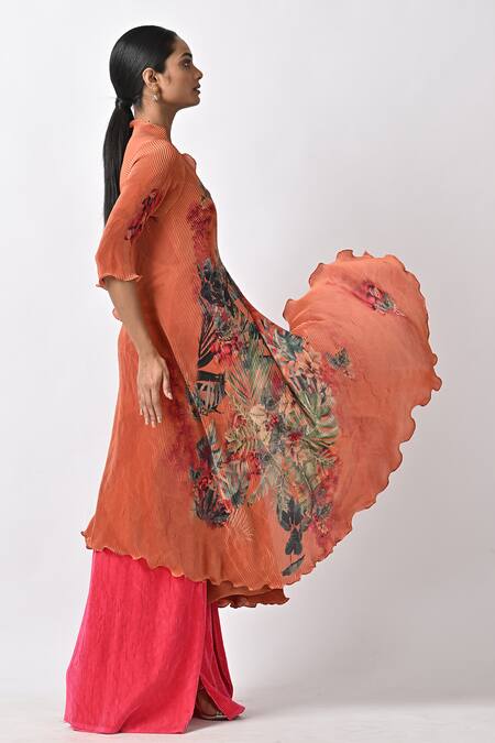 Kiran Uttam Ghosh Orange Pleated Polyester Mix Printed Abstract V Neck Angrakha   3