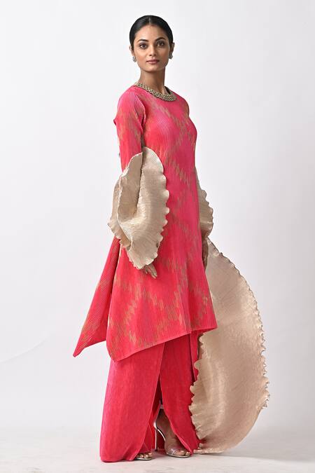 Kiran Uttam Ghosh_Fuchsia Pleated Polyester Mix Printed Abstract Round Kaftan _Online_at_Aza_Fashions