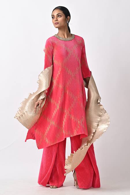 Buy_Kiran Uttam Ghosh_Fuchsia Pleated Polyester Mix Printed Abstract Round Kaftan _Online_at_Aza_Fashions