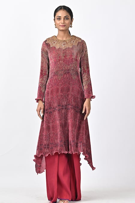 Shop_Kiran Uttam Ghosh_Red Pleated Polyester Mix Printed Abstract V Neck Kaftan  _at_Aza_Fashions