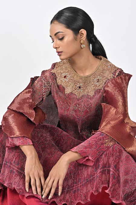 Buy_Kiran Uttam Ghosh_Red Pleated Polyester Mix Printed Abstract V Neck Kaftan  _Online_at_Aza_Fashions