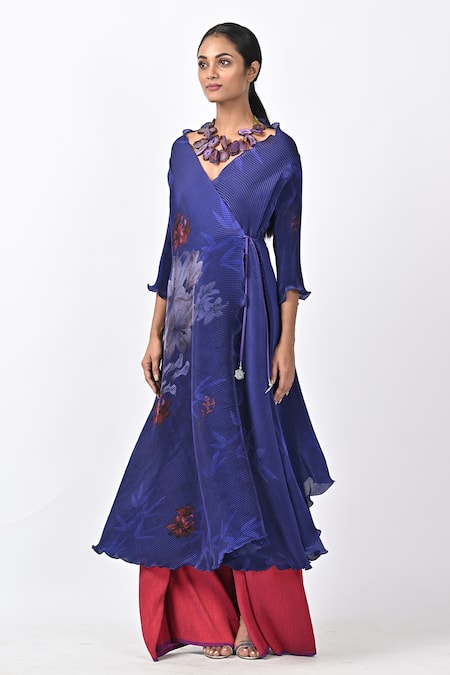 Kiran Uttam Ghosh_Purple Pleated Polyester Mix Printed Abstract V Neck Angrakha  _Online_at_Aza_Fashions