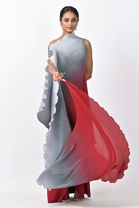 Kiran Uttam Ghosh_Silver Polyester Tassels, Embroidery One Shoulder Hand Ombre Draped Dress _Online_at_Aza_Fashions