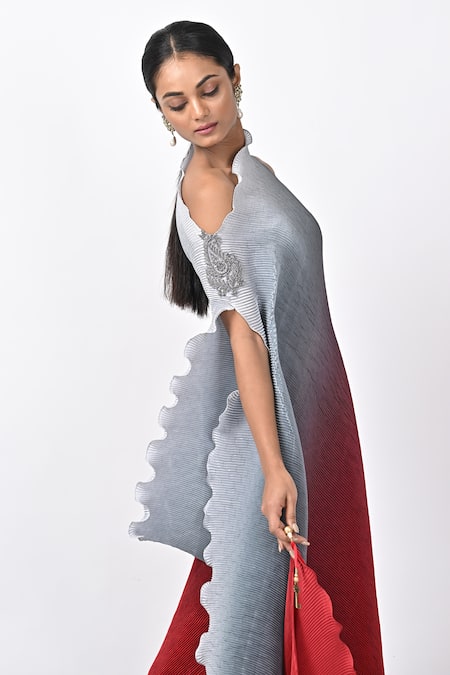 Buy_Kiran Uttam Ghosh_Silver Polyester Tassels, Embroidery One Shoulder Hand Ombre Draped Dress _Online_at_Aza_Fashions