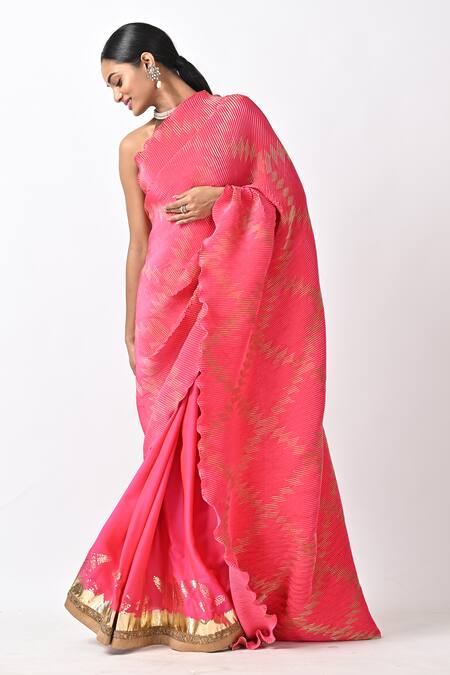 Shop_Kiran Uttam Ghosh_Fuchsia Pleated Polyester Mix Hand Saree With Unstitched Blouse _at_Aza_Fashions