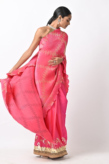 Buy_Kiran Uttam Ghosh_Fuchsia Pleated Polyester Mix Hand Saree With Unstitched Blouse _Online_at_Aza_Fashions