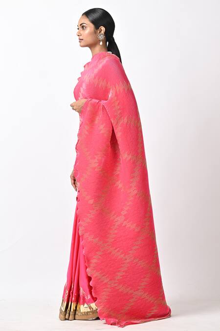 Shop_Kiran Uttam Ghosh_Fuchsia Pleated Polyester Mix Hand Saree With Unstitched Blouse _Online_at_Aza_Fashions