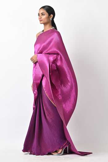 Buy_Kiran Uttam Ghosh_Purple Pleated Polyester Mix Hand Embroidery Saree With Unstitched Blouse_Online_at_Aza_Fashions