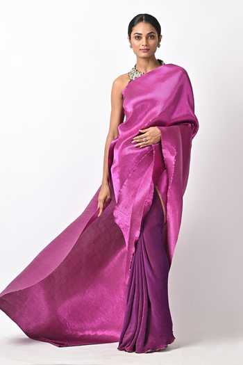 Shop_Kiran Uttam Ghosh_Purple Pleated Polyester Mix Hand Embroidery Saree With Unstitched Blouse_Online_at_Aza_Fashions