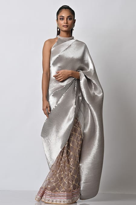 Kiran Uttam Ghosh Silver Pleated Polyester Mix Hand Saree With Unstitched Blouse  