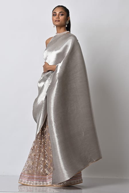 Kiran Uttam Ghosh_Silver Pleated Polyester Mix Hand Saree With Unstitched Blouse _Online_at_Aza_Fashions
