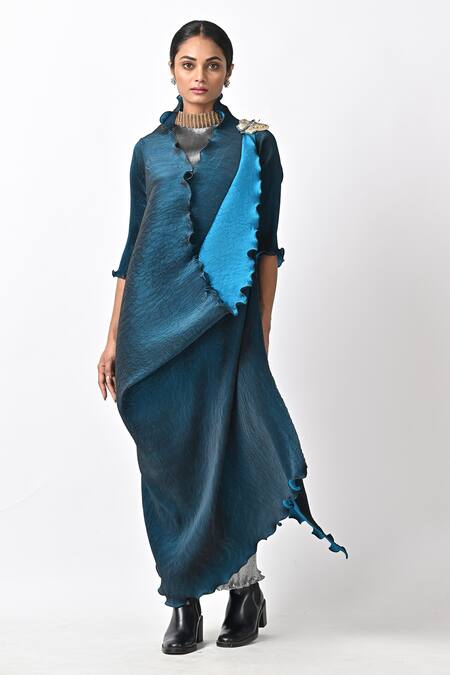 Shop_Kiran Uttam Ghosh_Blue Polyester Embroidery V-neck Abstract Print Wrap Dress_at_Aza_Fashions