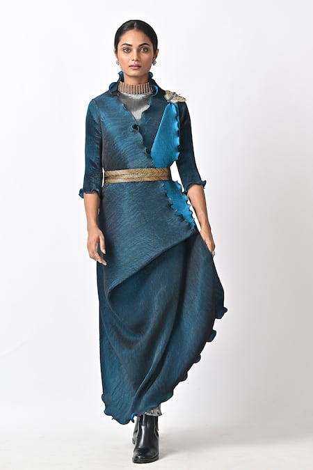 Buy_Kiran Uttam Ghosh_Blue Polyester Embroidery V-neck Abstract Print Wrap Dress_Online_at_Aza_Fashions
