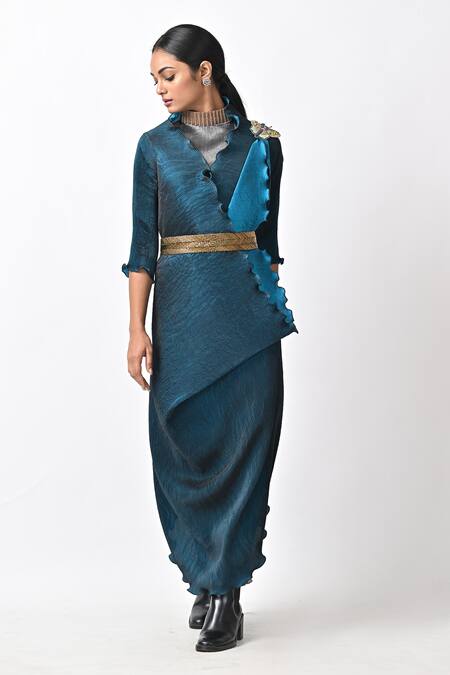 Shop_Kiran Uttam Ghosh_Blue Polyester Embroidery V-neck Abstract Print Wrap Dress_Online_at_Aza_Fashions