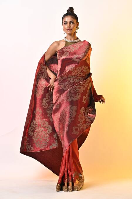 Kiran Uttam Ghosh_Maroon Pleated Polyester Mix Printed Saree With Unstitched Blouse  _Online_at_Aza_Fashions