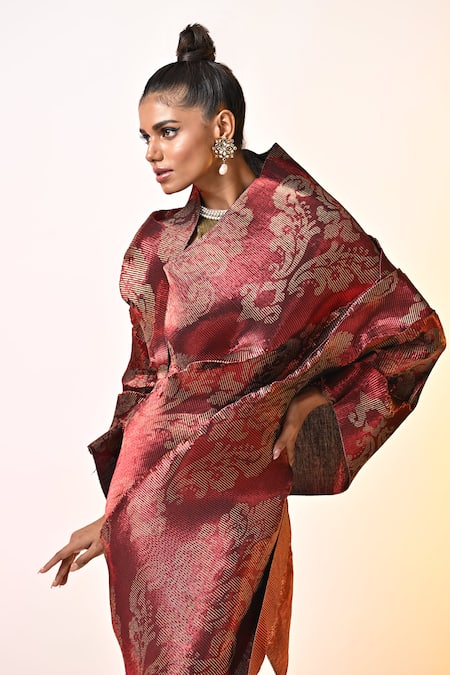 Buy_Kiran Uttam Ghosh_Maroon Pleated Polyester Mix Printed Saree With Unstitched Blouse  _Online_at_Aza_Fashions