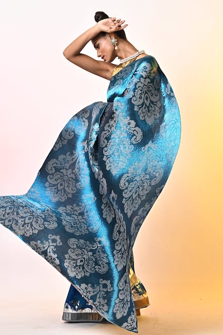Kiran Uttam Ghosh_Blue Polyester Embroidery Abstract Print Saree With Unstitched Blouse _Online_at_Aza_Fashions