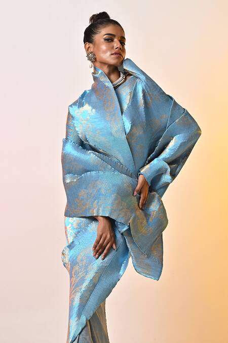 Buy_Kiran Uttam Ghosh_Blue Pleated Polyester Mix Pattern Saree With Unstitched Blouse  _Online_at_Aza_Fashions