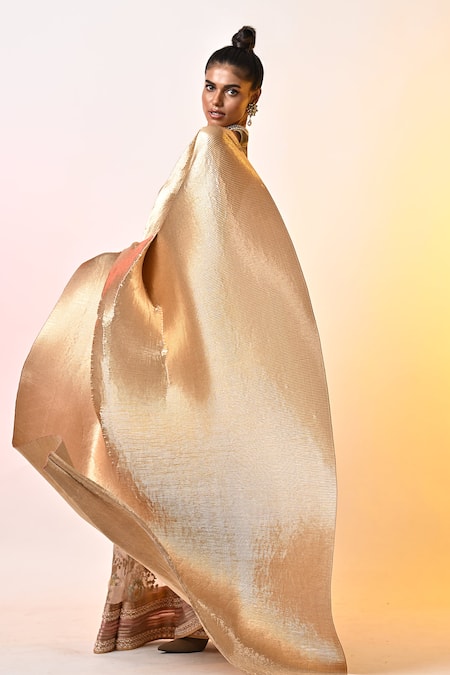 Kiran Uttam Ghosh_Gold Polyester Embroidery Floral Saree With Unstitched Blouse _Online_at_Aza_Fashions