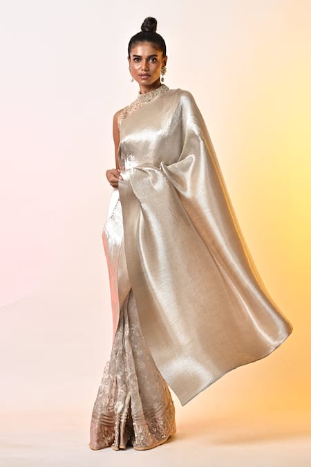 Kiran Uttam Ghosh_Silver Polyester Embroidery Hand Work Saree With Unstitched Blouse _Online_at_Aza_Fashions