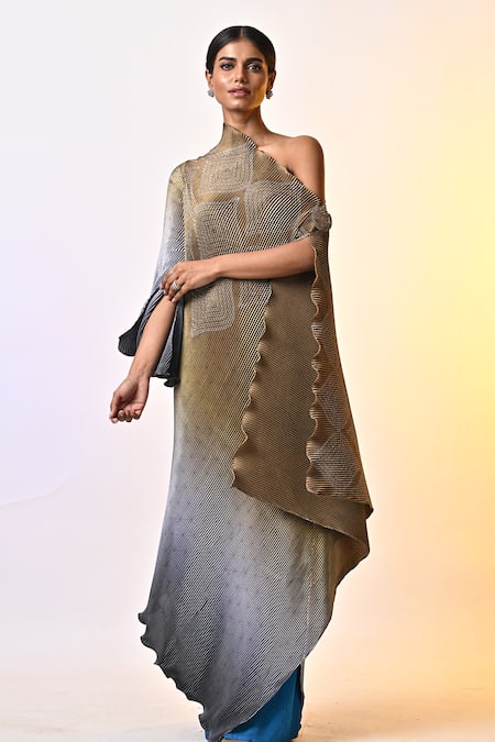 Buy_Kiran Uttam Ghosh_Green Polyester One Shoulder Tribal Print Ombre Draped Kaftan _Online_at_Aza_Fashions
