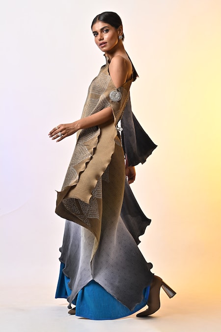 Shop_Kiran Uttam Ghosh_Green Polyester One Shoulder Tribal Print Ombre Draped Kaftan _Online_at_Aza_Fashions