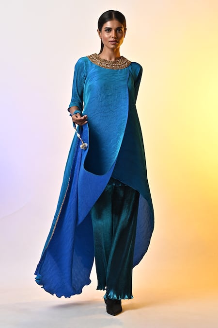 Kiran Uttam Ghosh Blue Pleated Polyester Mix Hand Embroidered Zardosi Round Wrap Dress  