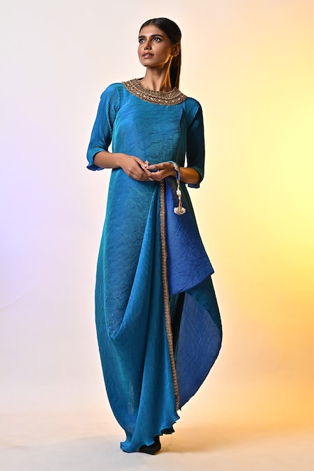 Shop_Kiran Uttam Ghosh_Blue Polyester Zari, Pearls Round Neck Hand Embroidered Wrap Dress _at_Aza_Fashions