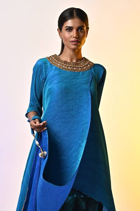 Kiran Uttam Ghosh Blue Polyester Zari, Pearls Round Neck Hand Embroidered Wrap Dress Online at Aza Fashions Kiran Uttam Ghosh_Blue Polyester Zari, Pearls Round Neck Hand Embroidered Wrap Dress _Online_at_Aza_Fashions