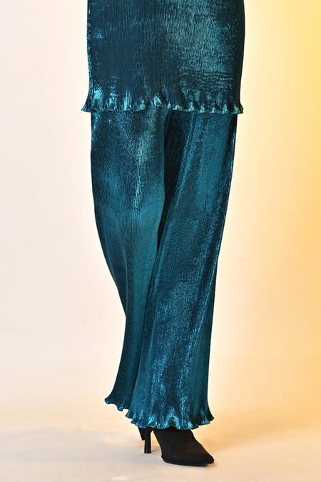 Kiran Uttam Ghosh_Blue Pleated Polyester Mix Solid Round Top And Trouser Set  _Online_at_Aza_Fashions