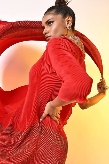 Shop_Kiran Uttam Ghosh_Red Pleated Polyester Mix Hand Embroidered Zardosi Scallops Wrap Dress _at_Aza_Fashions