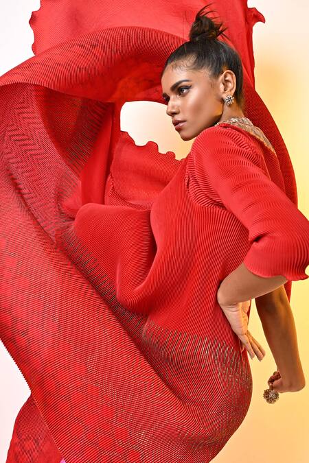 Kiran Uttam Ghosh_Red Pleated Polyester Mix Hand Embroidered Zardosi Scallops Wrap Dress _Online_at_Aza_Fashions