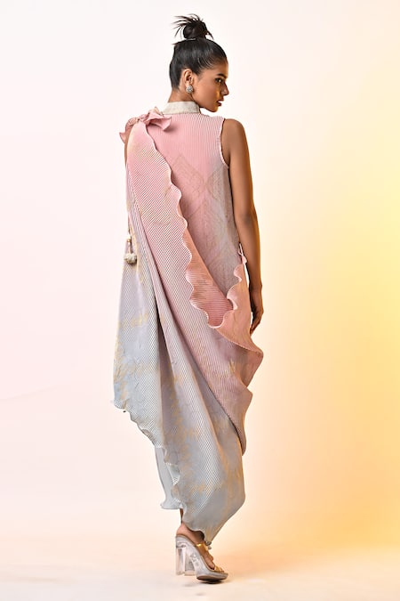 Shop_Kiran Uttam Ghosh_Pink Pleated Polyester Mix Hand Embroidered Pearls Round Ombre Maxi Dress _at_Aza_Fashions