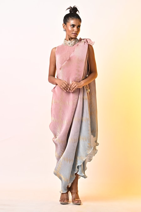 Kiran Uttam Ghosh_Pink Pleated Polyester Mix Hand Embroidered Pearls Round Ombre Maxi Dress _Online_at_Aza_Fashions