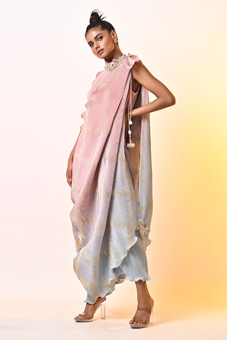 Buy_Kiran Uttam Ghosh_Pink Pleated Polyester Mix Hand Embroidered Pearls Round Ombre Maxi Dress _Online_at_Aza_Fashions