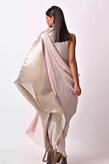 Shop_Kiran Uttam Ghosh_Silver Polyester Embroidery Round Neck Hand Kaftan Dress_at_Aza_Fashions