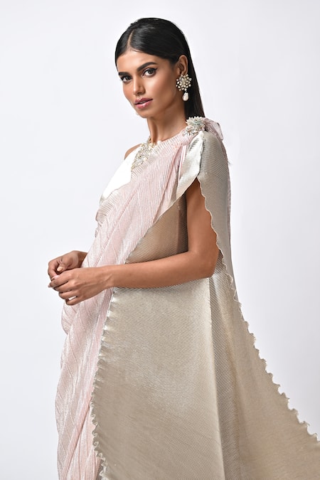 Kiran Uttam Ghosh_Silver Polyester Embroidery Round Neck Hand Kaftan Dress_Online_at_Aza_Fashions