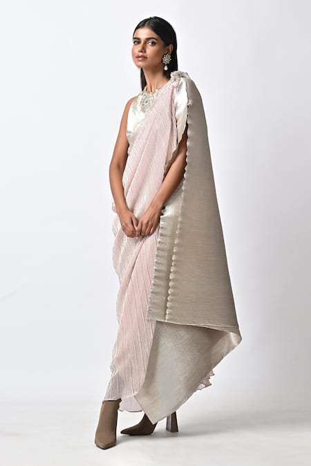 Buy_Kiran Uttam Ghosh_Silver Polyester Embroidery Round Neck Hand Kaftan Dress_Online_at_Aza_Fashions