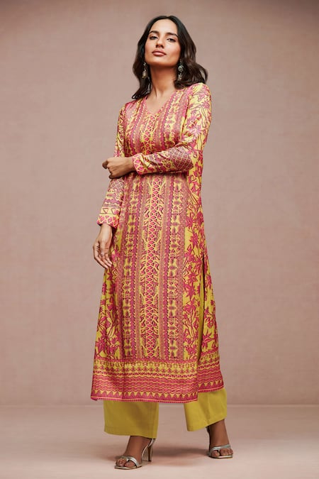 Saundh Yellow Kurta Chennai Silk Print Floral V Neck Pitaya Palazzo Set 