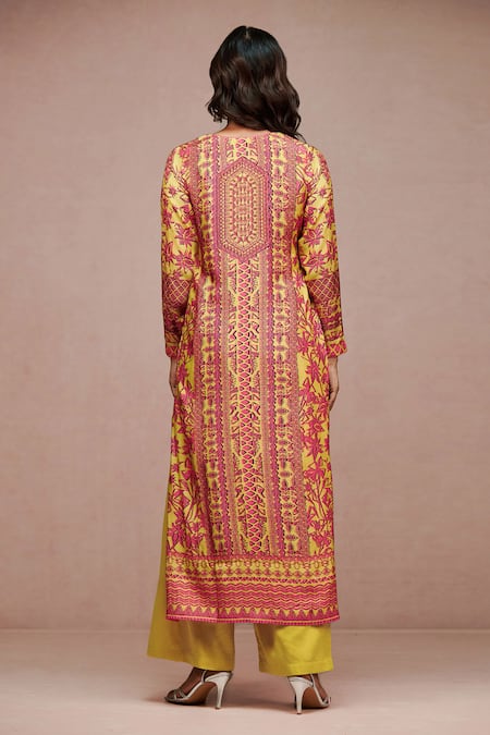 Shop Saundh Yellow Kurta Chennai Silk Print Floral V Neck Pitaya Palazzo Set at Aza Fashions Shop_Saundh_Yellow Kurta Chennai Silk Print Floral V Neck Pitaya Palazzo Set _at_Aza_Fashions