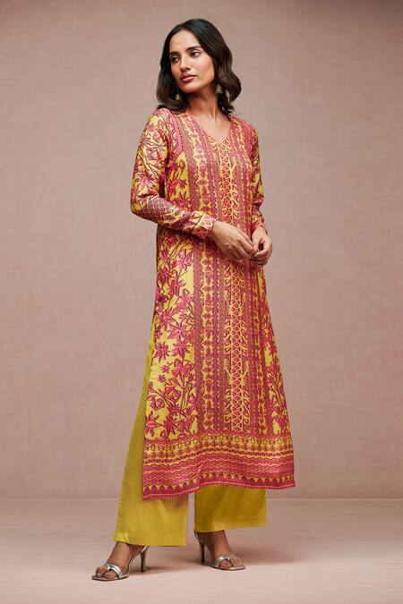 Saundh Yellow Kurta Chennai Silk Print Floral V Neck Pitaya Palazzo Set Online at Aza Fashions Saundh_Yellow Kurta Chennai Silk Print Floral V Neck Pitaya Palazzo Set _Online_at_Aza_Fashions
