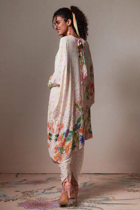 Saundh_Off White Round Neck Floral Print Kaftan Top And Dhoti Pant Set_Online_at_Aza_Fashions