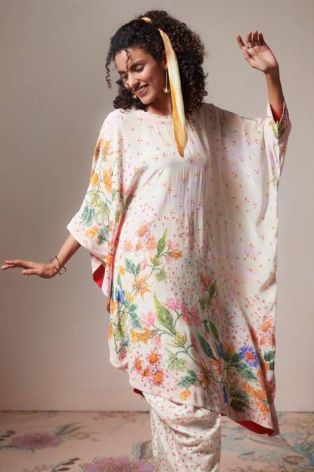 Buy_Saundh_Off White Round Neck Floral Print Kaftan Top And Dhoti Pant Set_Online_at_Aza_Fashions