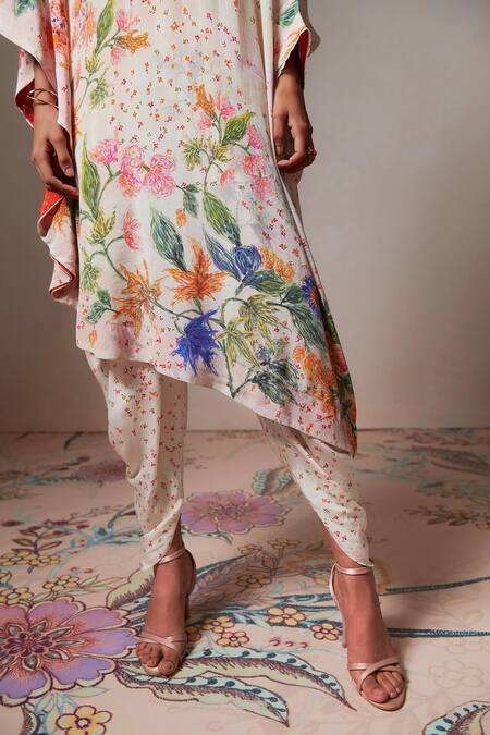 Shop_Saundh_Off White Round Neck Floral Print Kaftan Top And Dhoti Pant Set_Online_at_Aza_Fashions