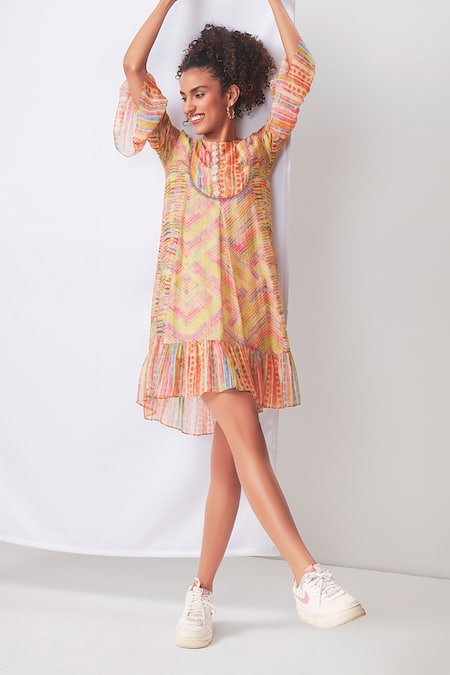 Saundh Yellow Embroidery Round Neck Oblique Geometric Print Dress 