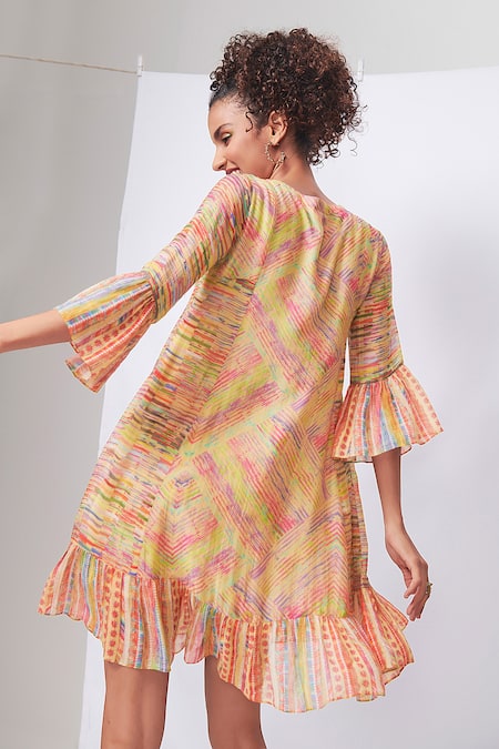 Shop Saundh Yellow Embroidery Round Neck Oblique Geometric Print Dress at Aza Fashions Shop_Saundh_Yellow Embroidery Round Neck Oblique Geometric Print Dress _at_Aza_Fashions