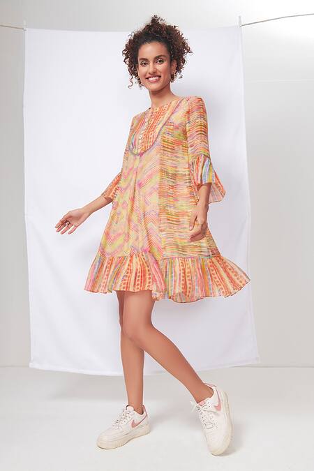 Saundh Yellow Embroidery Round Neck Oblique Geometric Print Dress Online at Aza Fashions Saundh_Yellow Embroidery Round Neck Oblique Geometric Print Dress _Online_at_Aza_Fashions