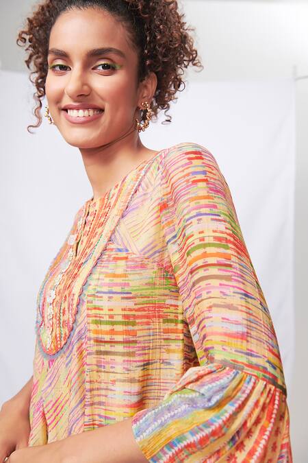 Buy Saundh Yellow Embroidery Round Neck Oblique Geometric Print Dress Online at Aza Fashions Buy_Saundh_Yellow Embroidery Round Neck Oblique Geometric Print Dress _Online_at_Aza_Fashions