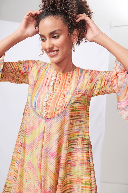 Shop Saundh Yellow Embroidery Round Neck Oblique Geometric Print Dress Online at Aza Fashions Shop_Saundh_Yellow Embroidery Round Neck Oblique Geometric Print Dress _Online_at_Aza_Fashions