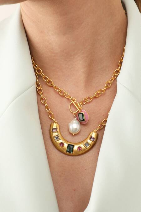 Shop_Zohra_Gold Plated Francesca Embellished Necklace _Online_at_Aza_Fashions